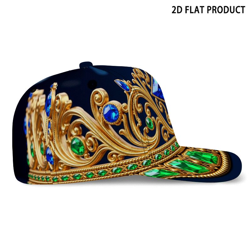 TEMU Royal Blue Gem Crown Pattern Baseball Cap, Vintage Golden Style Hat, Emerald Jeweled Design Dad Hat With Full Print For Outdoor And Casual Wear