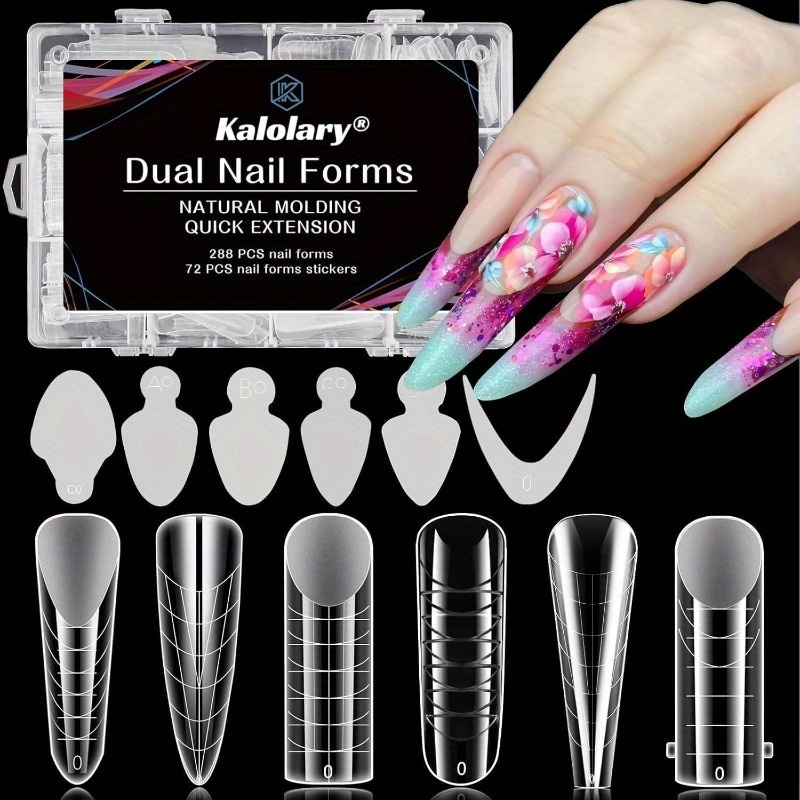 Image of 288pcs Poly Extension Gel Dual Nail Forms, Stiletto Coffin Acrylic Nail Forms For French Nails, 76pcs Duet System Dual Forms Sticker Pads, 6 Styles Scale For Manicure Extension