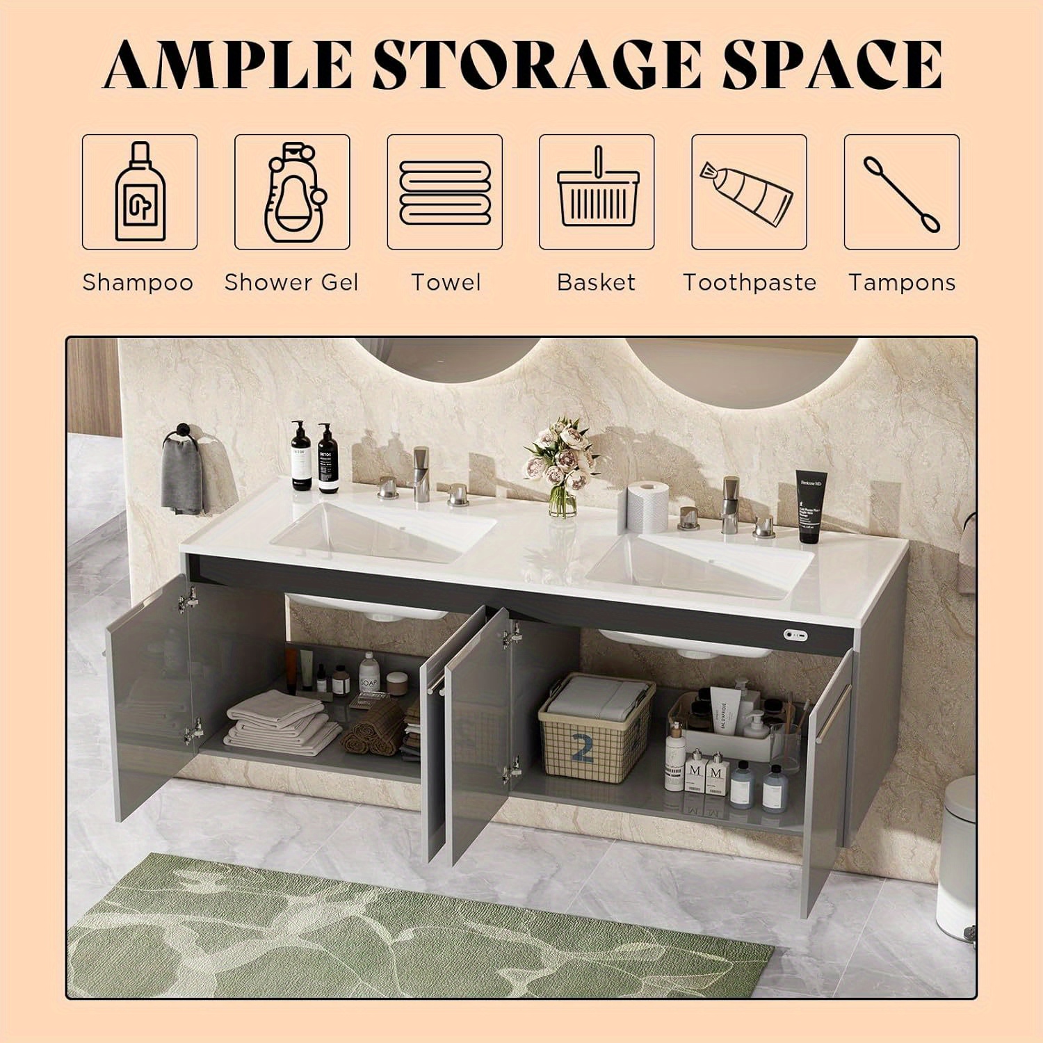 led floating bathroom double vanity with sink combo modern high gloss wall mounted bathroom storage cabinet with 3 hole sink metal handles soft closing doors Product details 3