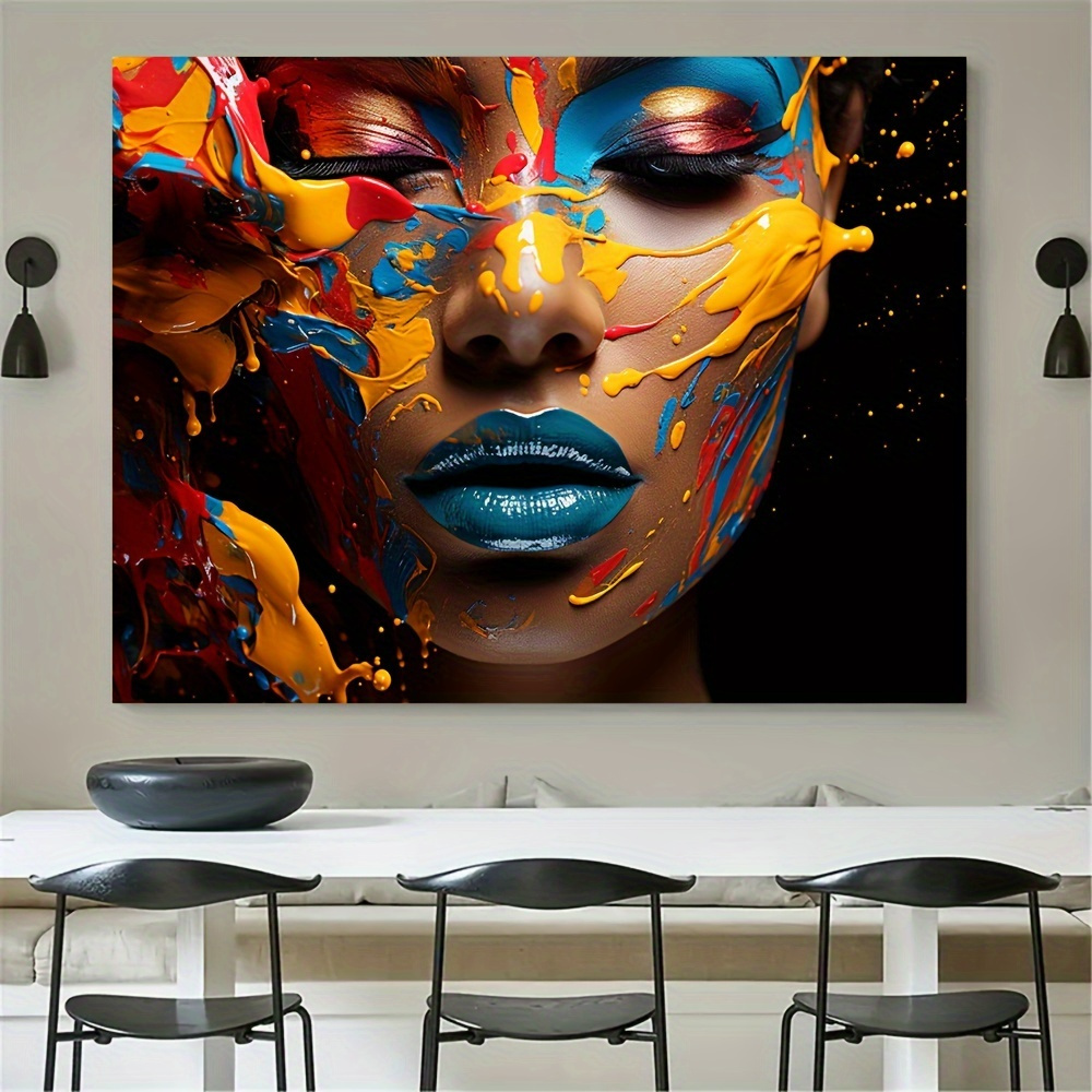1pc vibrant abstract face canvas wall art colorful fluid paint printing with   lipstick accents ready to hang modern decor for living room bedroom home office bedroom wall decoration abstract wall art wrapped canvas frame