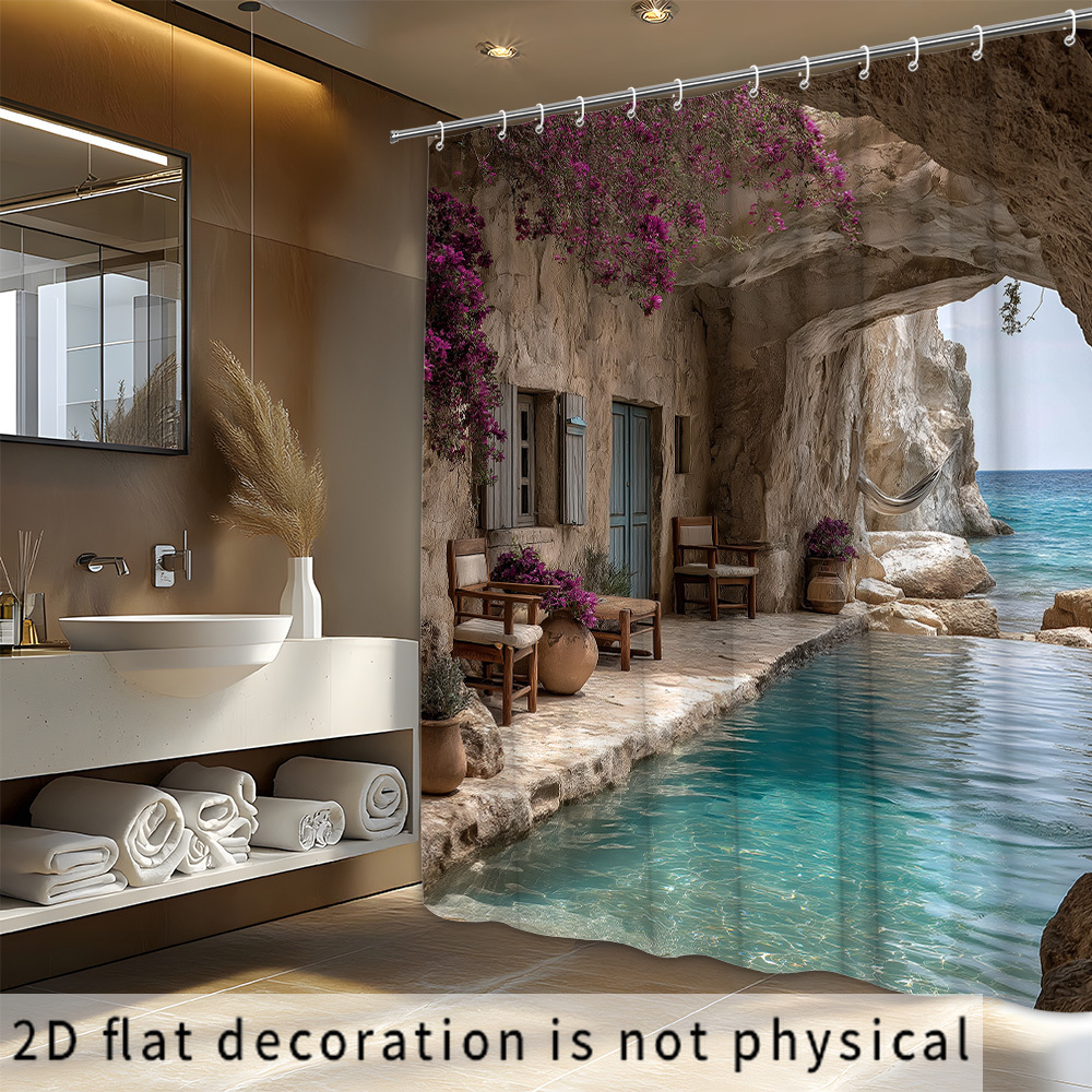 TEMU 1pc 2d Flat Island Cave Shower Curtain, 71x71 Inches, Artistic Seaside Pool Bathroom Decorative Curtain, Bougainvillea House Bathroom Curtain