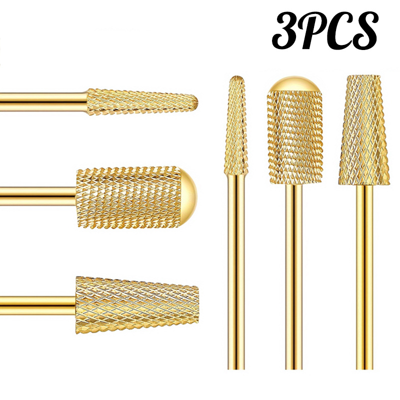 Image of 3pcs Golden Plated Nail Drill Bits Kit, Nail Polishing Cleaning Pedicure And Manicure Tools, For Acrylic Gel Removal And Dead Skin Trimming