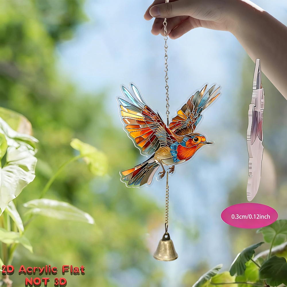 TEMU 2d Flat Hummingbird Wind Chime With Painted Bells - Colorful Acrylic Wind Chime, Suitable For Garden Window Decoration/hanging Ornament, A Great