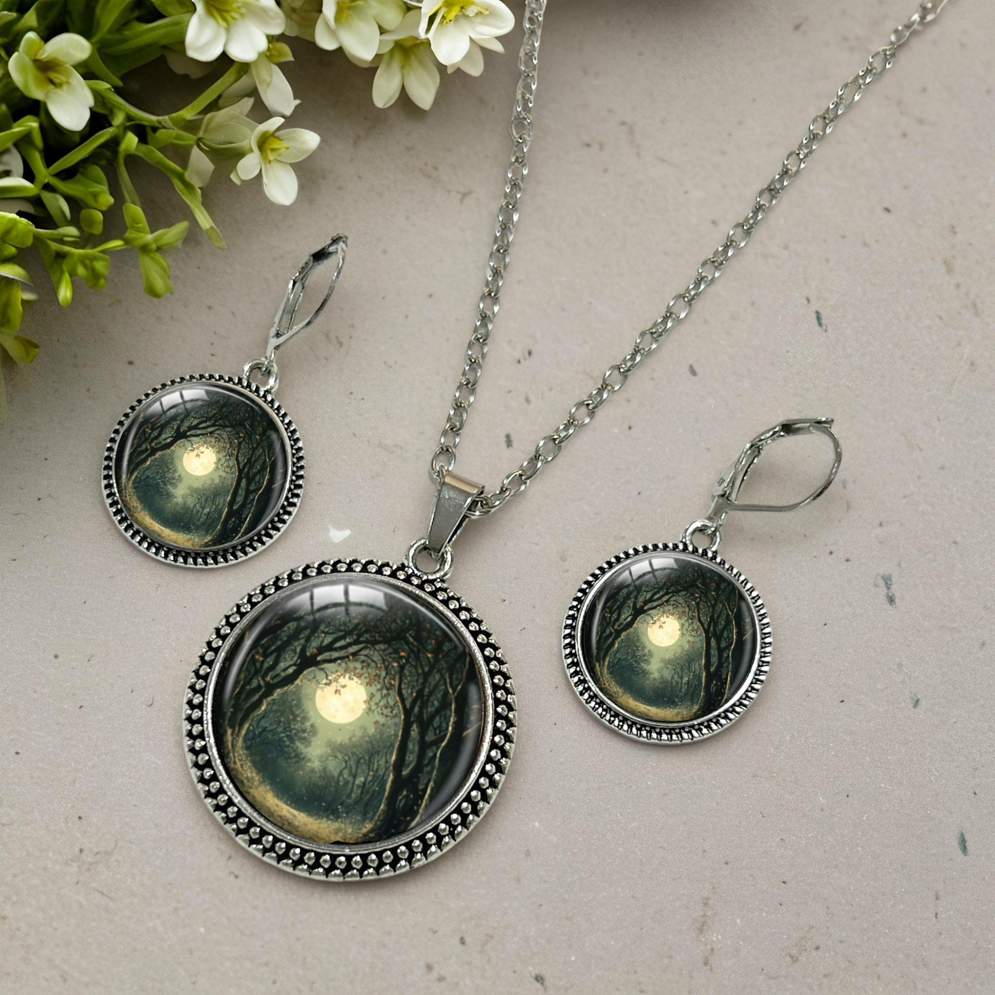 3pc Gothic Bohemian Black Moon Forest Necklace & Earrings Set