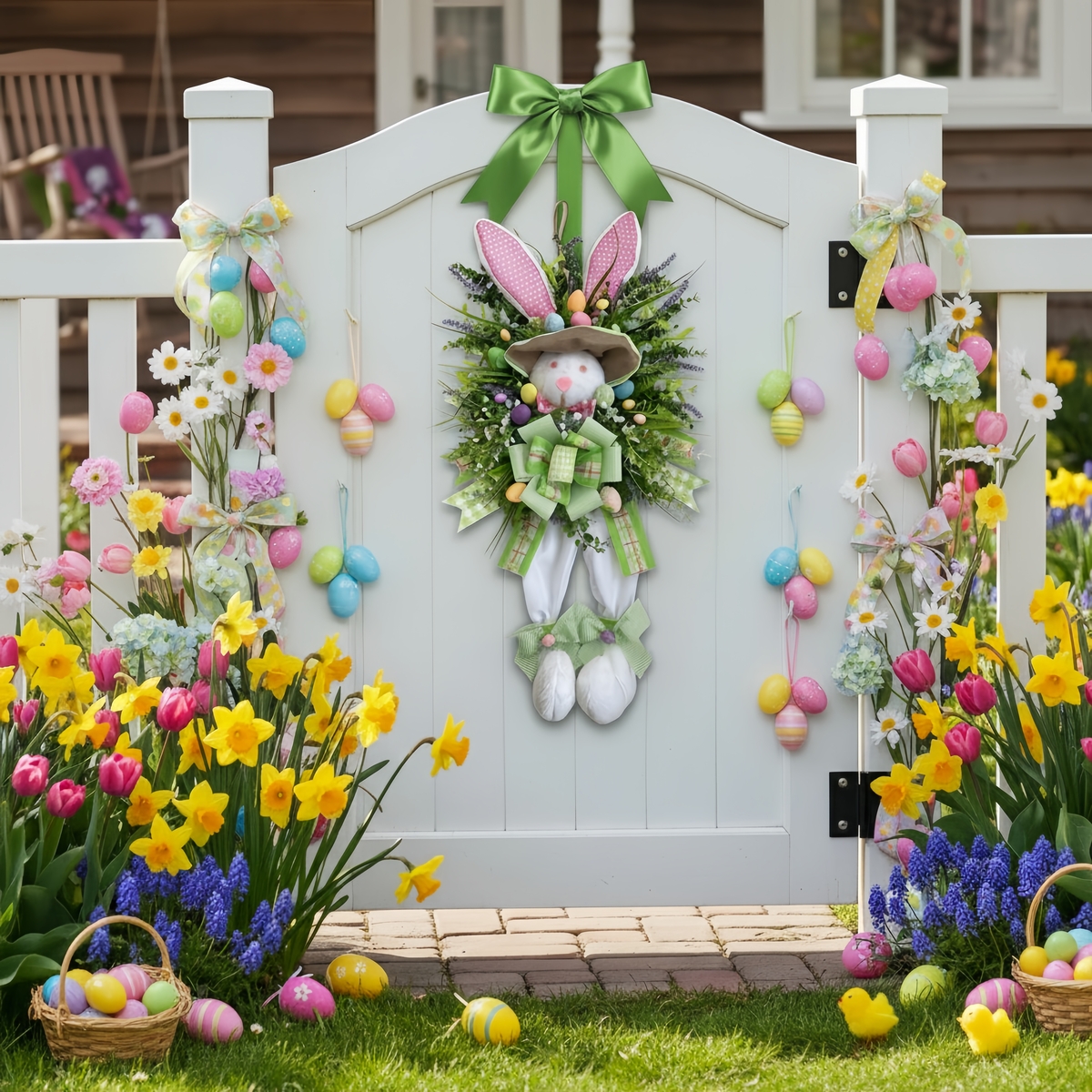 Image of -inch Easter Bunny Wreath Decoration For Front Door, Easter Spring Wreath For Home Decor, Rabbit Floral Garland For Windows And Farmhouse Art