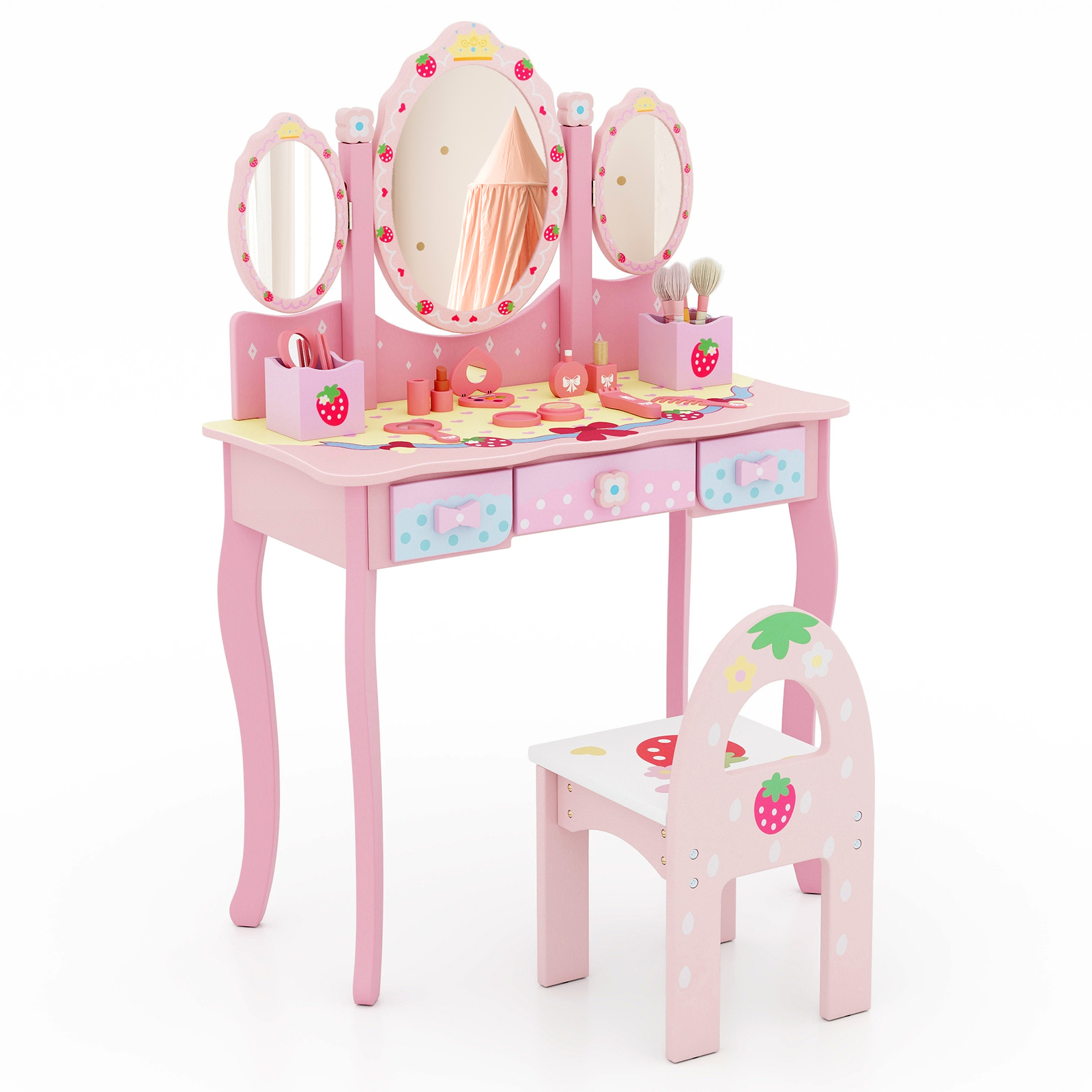 Image of Kids Vanity Table And Chair Set, 2in-1 Makeup Dressing Table With Detachable Tri-folding Mirror And Storage Drawers, Pretend Kids Vanity Set