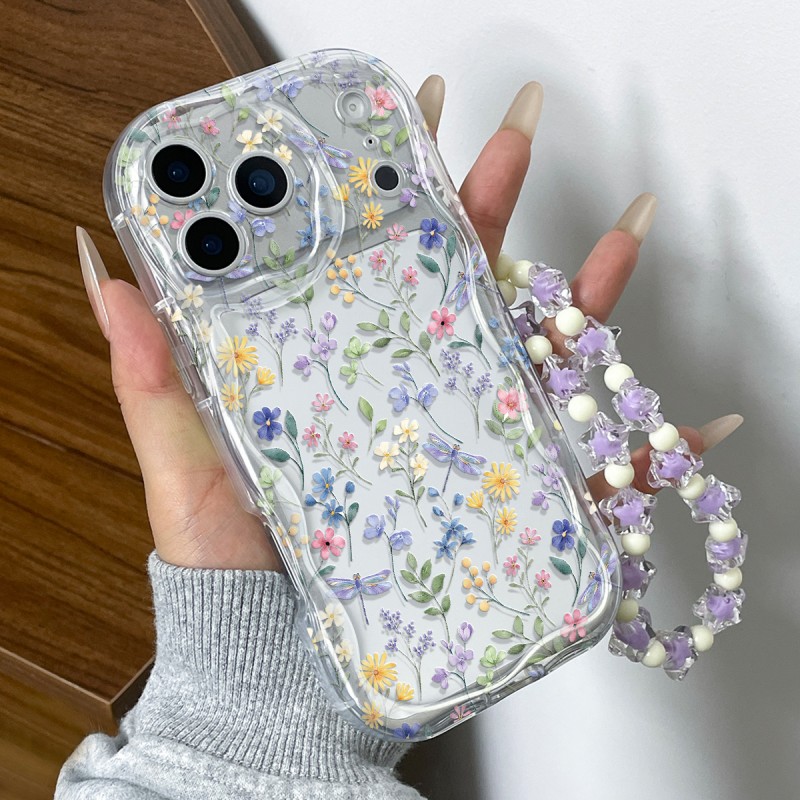 TEMU Phone Case: Purple Flower 's Pattern Stylish Shockproof Phone Case, Unique Wavy Border Design With Matching Colored Lanyard Compatible With