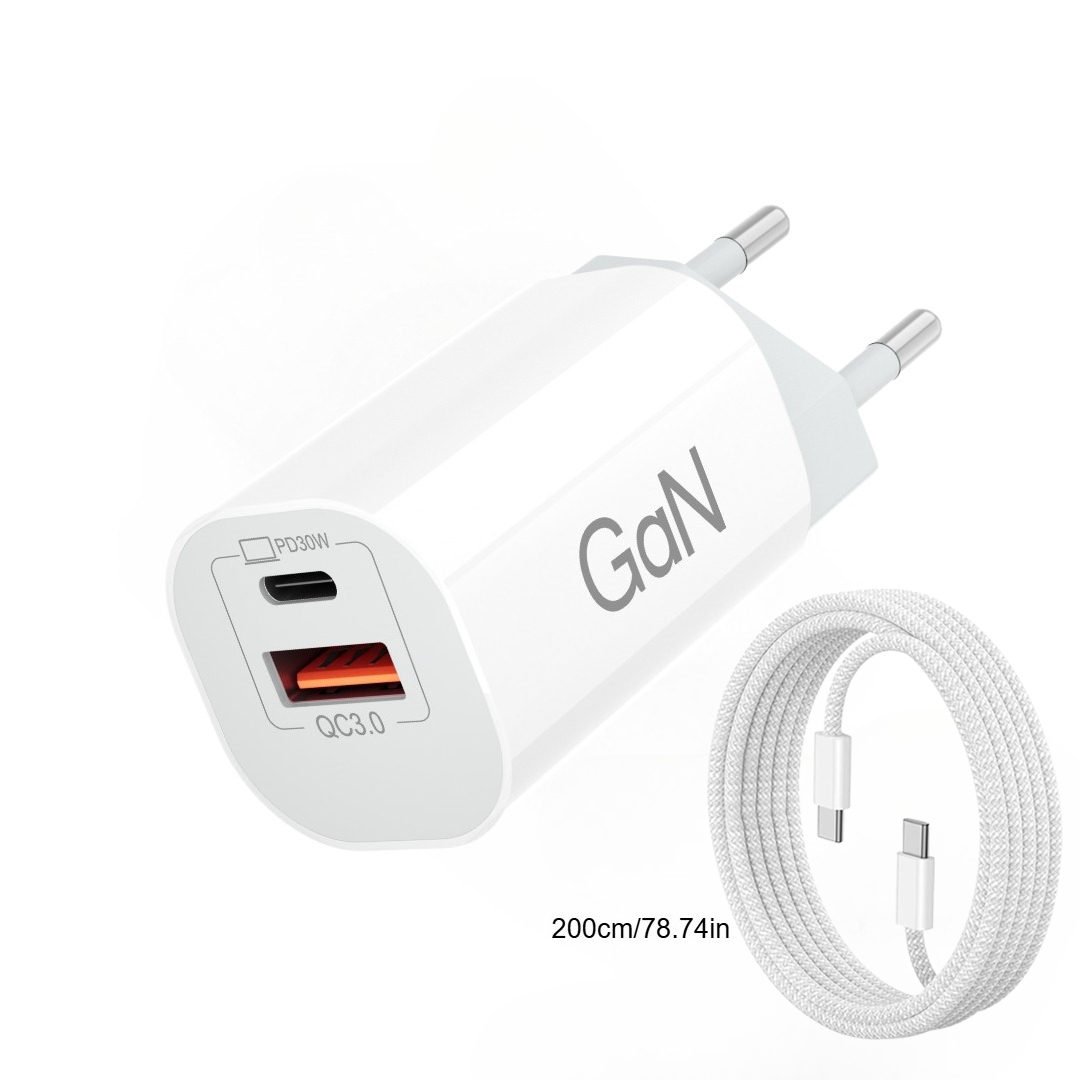 Image of 30w Gan Usb/type C Fast Charging Wall Charger With Pd With C To C Cable For Tablets & Phones, For Iphone 17/16/15 Series, Ipad, And More, White