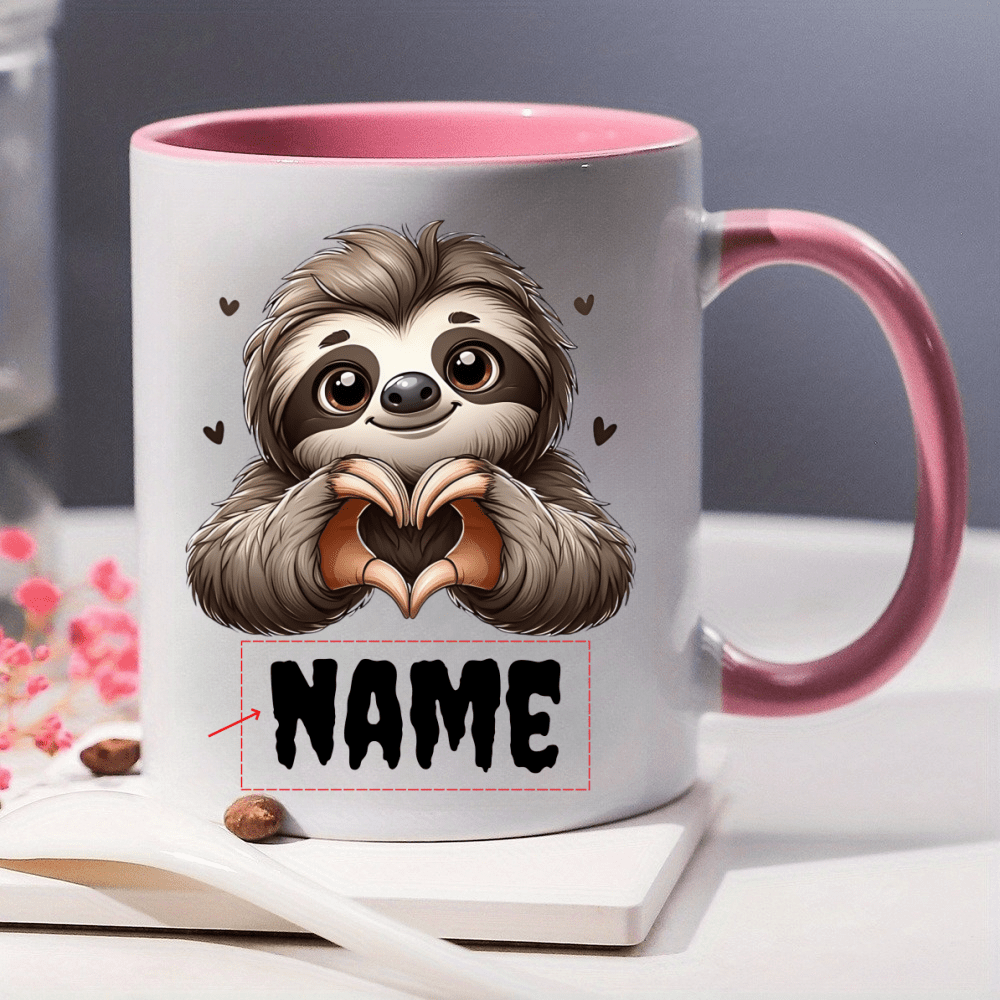 Image of A Personalized 11-ounce Sloth Coffee Mug - Custom Name, Double-sided Ceramic Cup, Non-slip, Dishwasher And Microwave Safe, With A Design, Perfect For Adults And , In 6 Colors, Coffee Bar Accessory