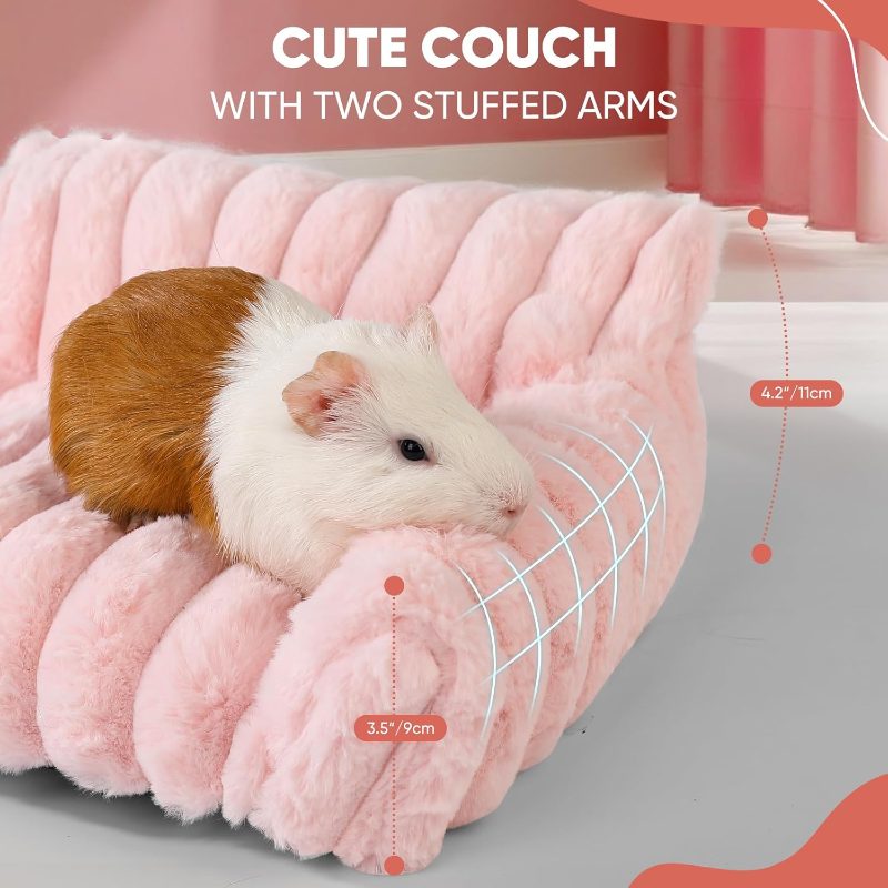 Guinea Pig Couch - Fluffy Small Pet Sofa with with Two Removable Washable Covers, Guinea Pig Bed with Stuffed Arms and Back, Cozy Corduroy Fleece, Pink and Dark Gray Respectively