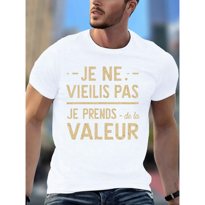 

T-Shirt Décontracté pour Homme à Imprimé Vintage Français - Polyester Noir, Manches Courtes, Col Rond avec Motif Géométrique, Lavable en Machine pour l'Été