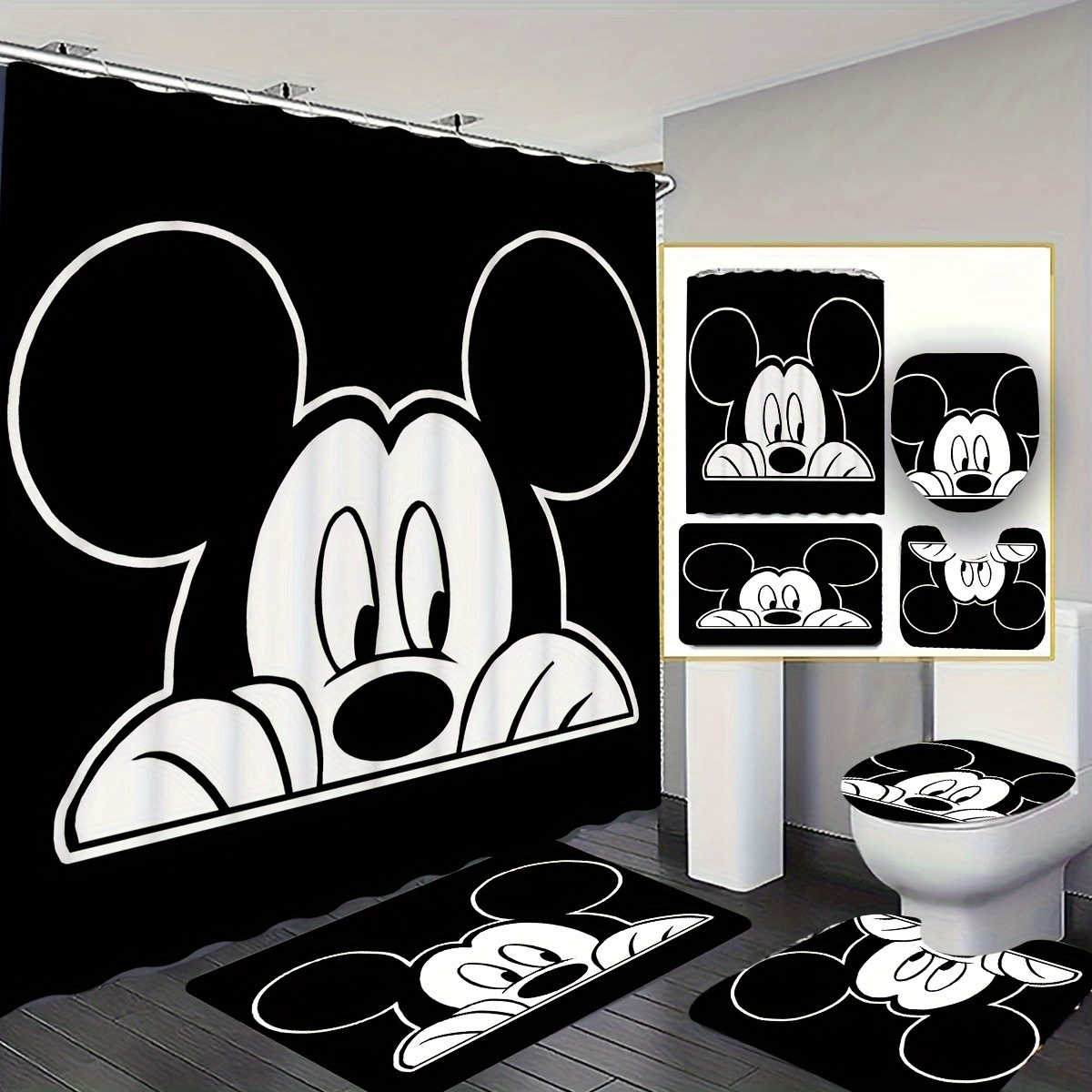 TEMU Full Set, Shower Curtain Sets, Mouse Mouse Pattern Bath Curtain Set, Well, With 12 Shower Curtain Hooks, Water Bathroom Home Decoration, Home Decor Gift