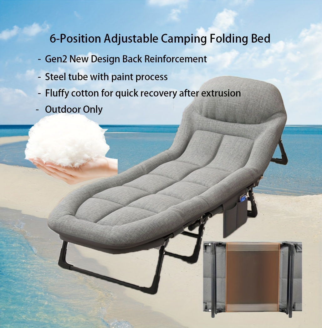 Lit pliant de camping réglable pour 6 personnes, 1 pièce, conception de 2ème génération : renforcement du dos, gain de place et facile à transporter, idéal pour le camping, les voyages, le jardin, la plage, les siestes en plein air - Utilisation uniquement en extérieur, équipement de sommeil en plein air | Cadre de lit réglable | Lit en plein air durable, équipement de camping