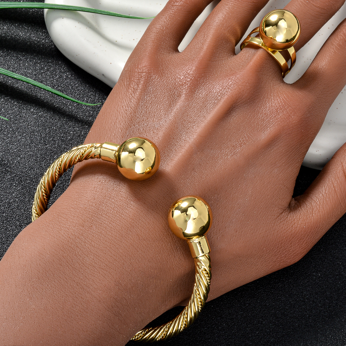 Retro Macrame Rope Textured Sphere Open Bangle Ring Set