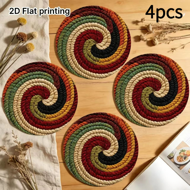 TEMU 2d Flat - 4pcs Set - Round Wooden Coasters - Retro Spiral Ring Colorful Coasters - Flat Printing - Non-slip And Heat Resistant, Suitable For