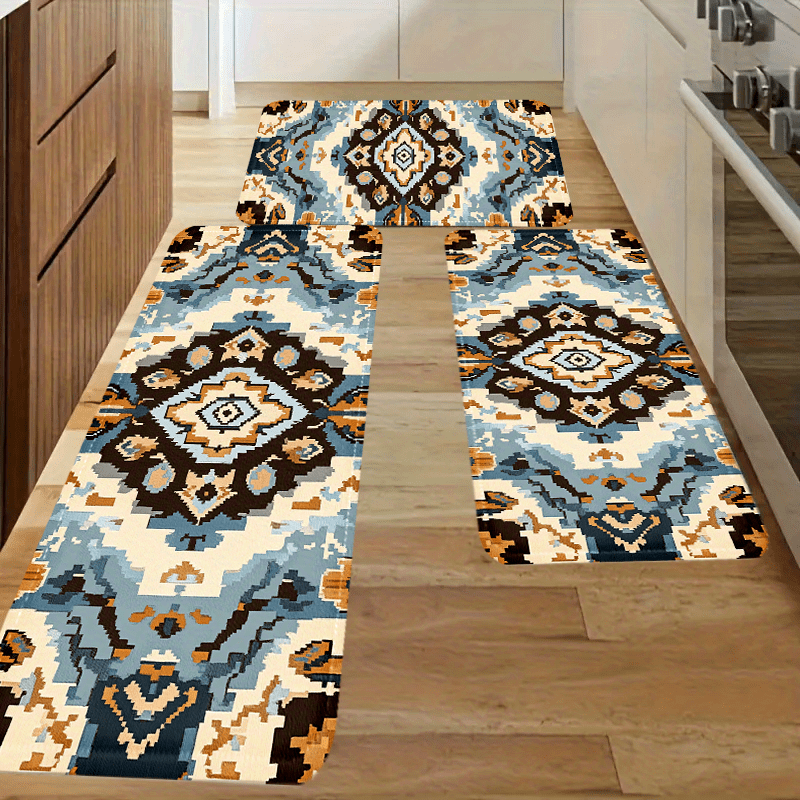 2 Tapis Cuisine Antidérapants Lavables - Motif Décoratif - 43x150cm + 43x75cm - Absorbants