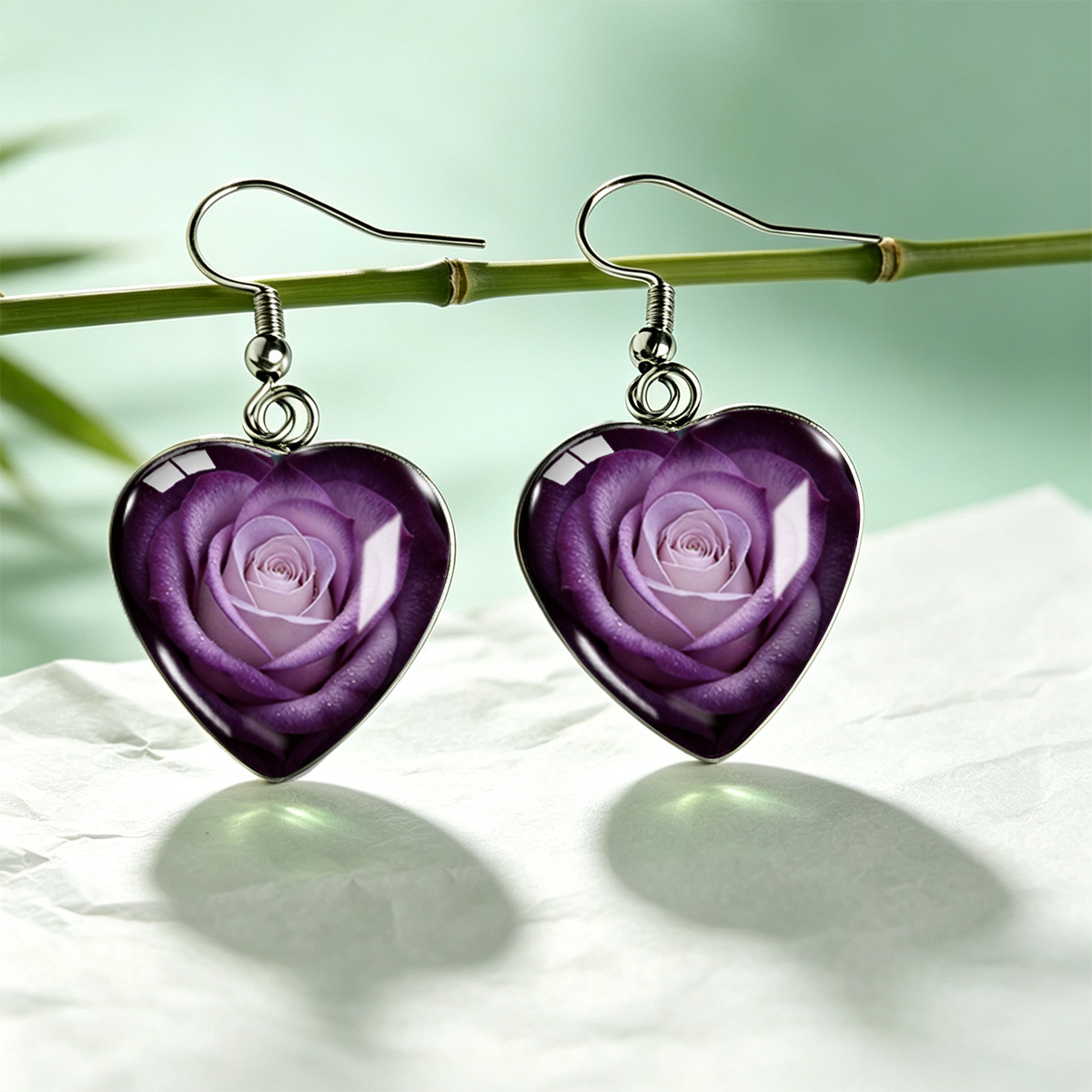 TEMU 1 Pair Elegant Purple Rose Print Heart-shaped Earrings, Romantic Statement Jewelry, Without Battery