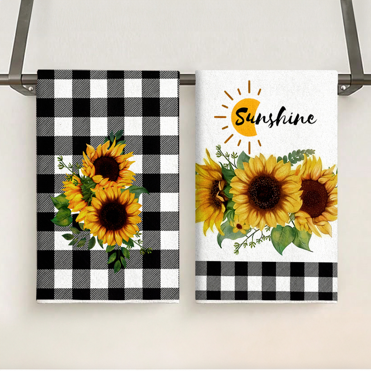TEMU 2pcs Sunflower Kitchen Towel Set - Suitable For Cooking & Baking, Absorbent Microfiber Dish Cloths With Black & White Checkered Design,