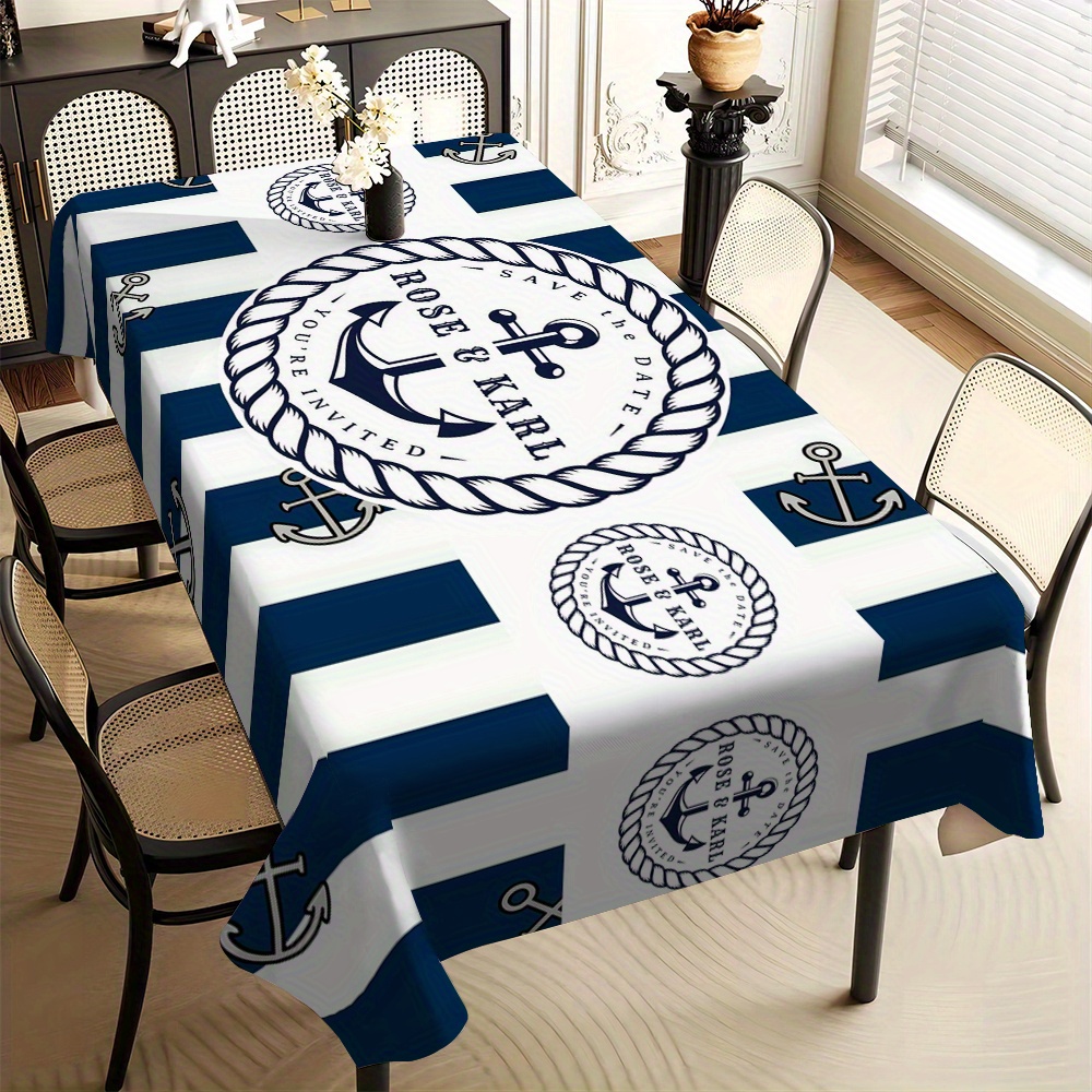 TEMU 2d Printed 1pc Blue White Striped Nautical Style Tablecloth, With Anchor Chain Pattern - Durable Polyester Rectangular Table Cover, Suitable For