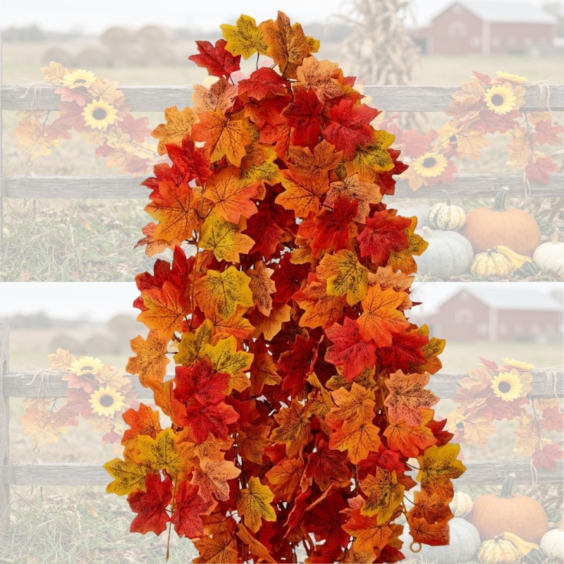 Image of 2pcs Total Length 300cm Simulation Maple Leaf Vine Festival Decoration, Single Piece Length 150cm Fireplace Door Pendant, Atmosphere Arrangement Fake Leaves And Vines