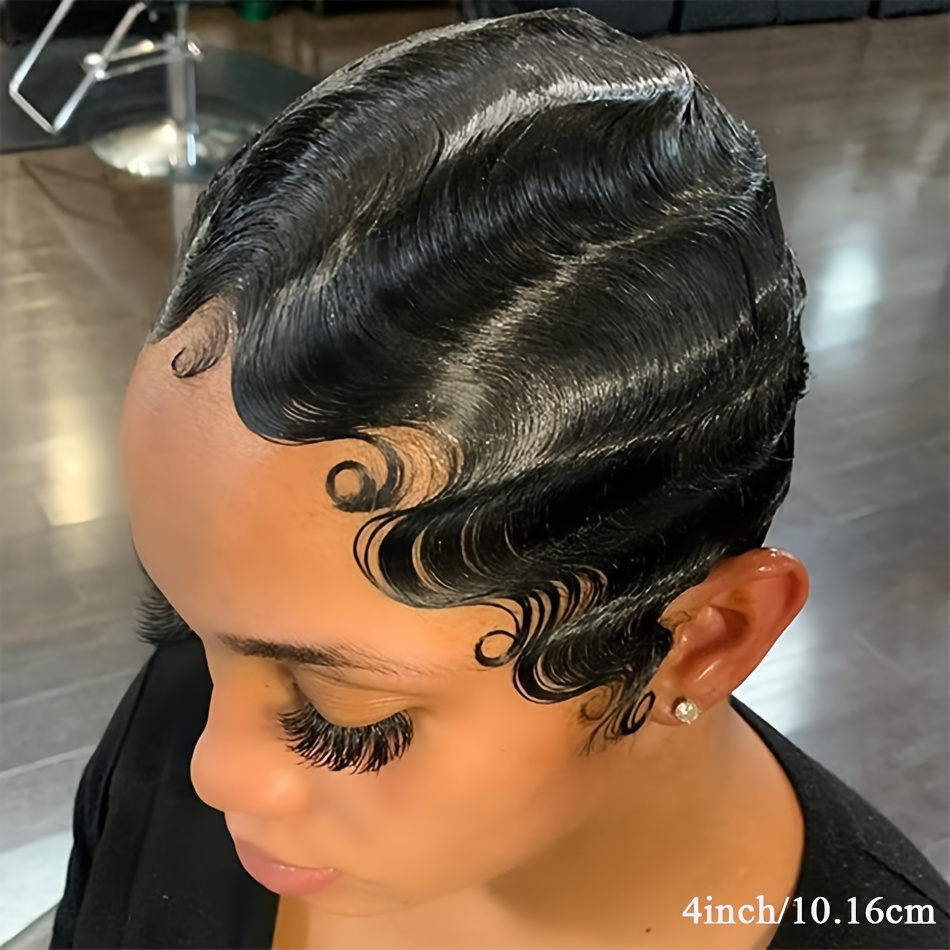 TEMU Women' Glueless Human Hair Wig - 4-inch Cut With Bangs, 150% Density Finger Wave Layered Water Wave, Suitable For Daily Wear & Cosplay