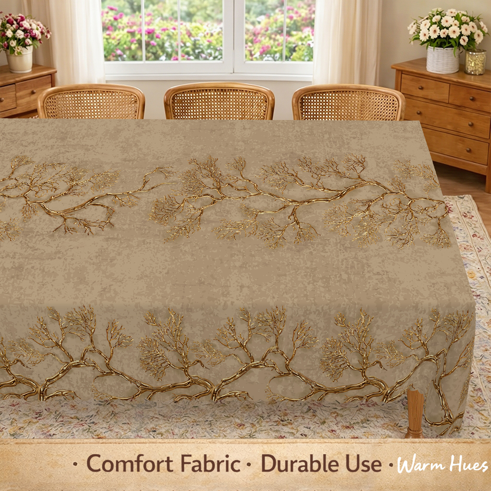 1pc, Vintage Golden-Brown Tree Tablecloth, Elegant Golden Branch Print with Intricate Twigs And Leaves, Artistic Nature Design on Textured Beige Background, Botanical Style Table Cover for Dining Room, Kitchen And Home Decor, 7 Sizes Available