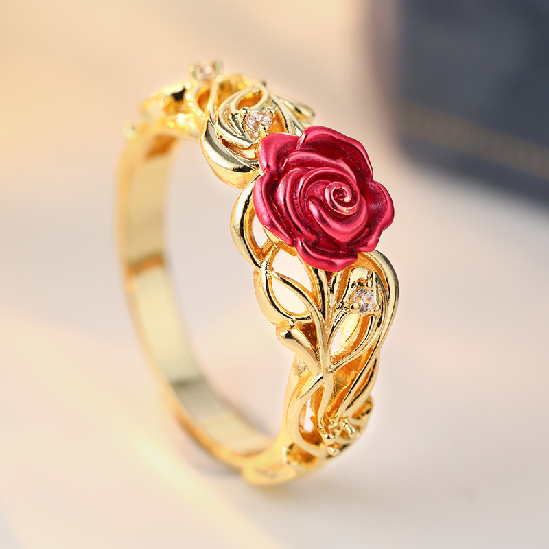 Women's Hollow Vine & Red Rose Design Plated Ring