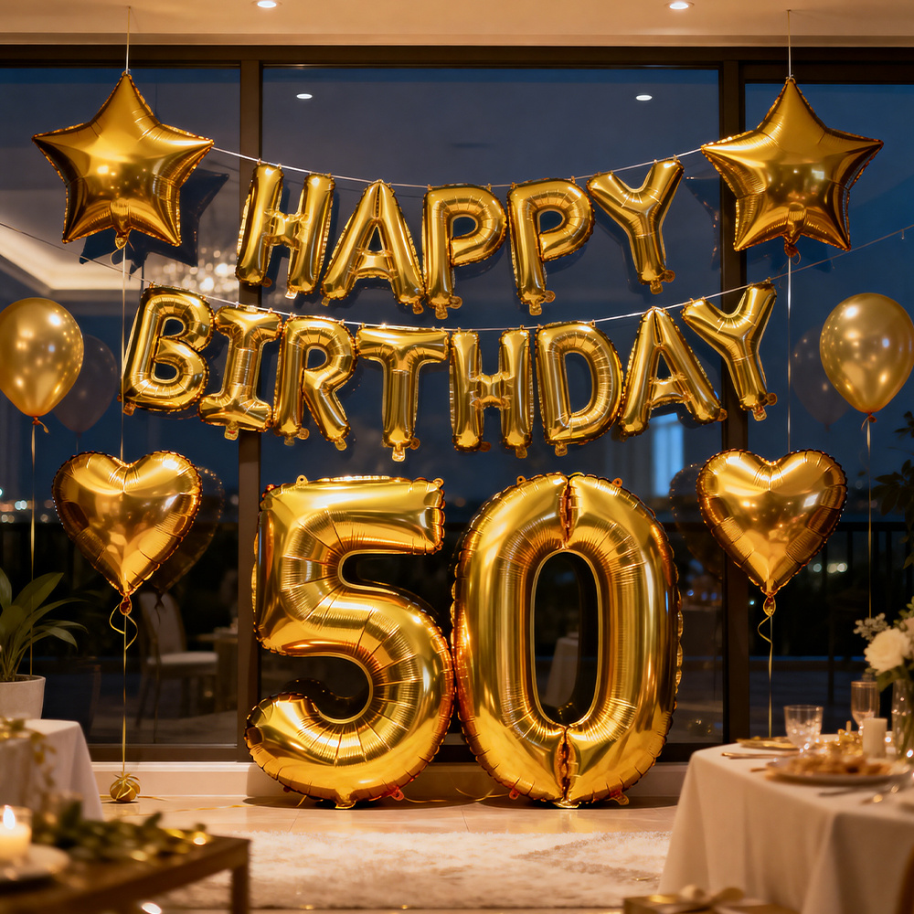 Image of 27pcs 50th Birthday Decorations And 50th Birthday Party Supplies For Men, Set With 13 Banners, 6 Hanging Swirls, 12 Foil Balloons And 2 Accessories For 50th Birthday Party I Halloween I Navidad