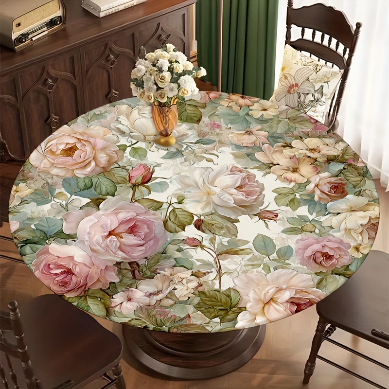 TEMU 1pc Round Stretch Tablecloth Suitable For Picnics, Camping & Parties - Elastic Hem Table Cover With Wipeable Surface, Fits Tables , Machine-made