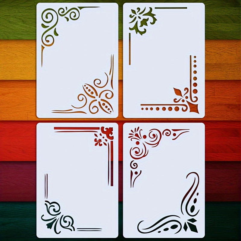 Image of 4pcs Set Of Corner Templates For Lace Edging, 6×4 Inches - Washable And Reusable Diy Art Template For Scrapbooks, Logos, Shirt Canvas, Wall Furniture, And Floor Decorations
