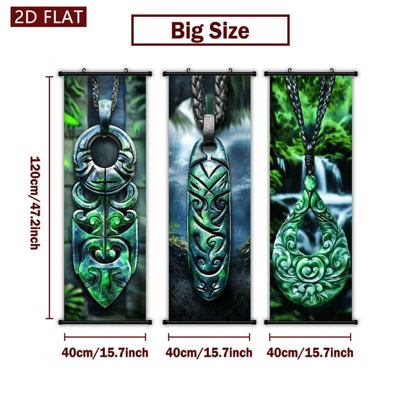 TEMU 2d Flat, 2d Flat, Poster Prints 2d/flat - 3pcs Edogame Style Green Jade Pendant Pattern Plastic Scroll Tapestry Retro Tribal Style High