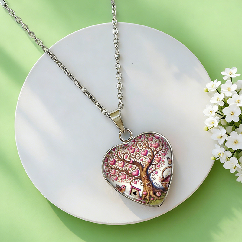 Love Tree & Bird Heart-Shaped Glass Necklace