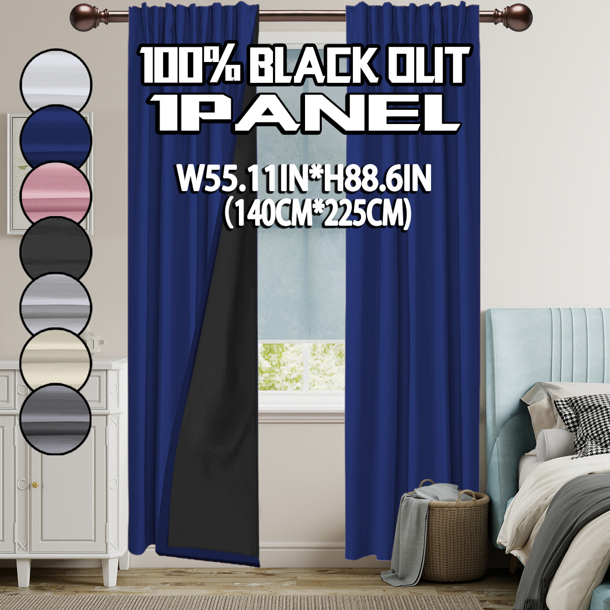 TEMU 1pc, 100% Blackout Thermal Curtains, Solid Polyester Material With Laminated Lining, Rod Pocket Top Hanging Style, Suitable For Bedroom, Dining