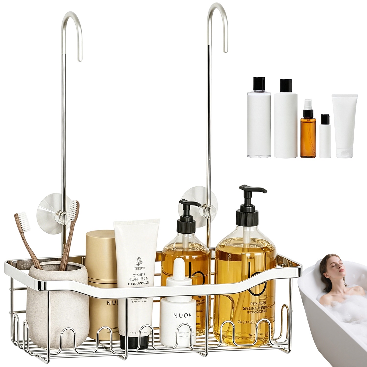 Hanging Storage Rack Stainless Steel, No Drill Shower Caddy For Shampoo Conditioner Bathroom, Suction Cup Wall Mount