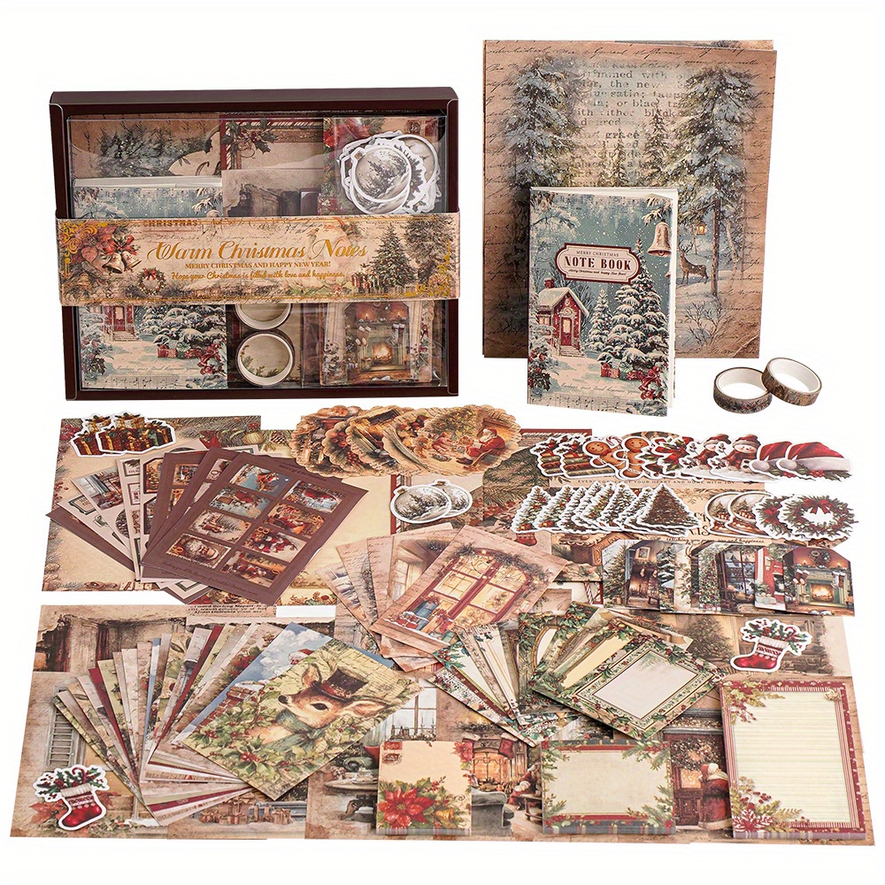 TEMU 201pcs Vintage Christmas Craft Set Assorted Papers Stickers Decorative Tapes Great For Decoration Crafts Junk Journals Stationery Holiday