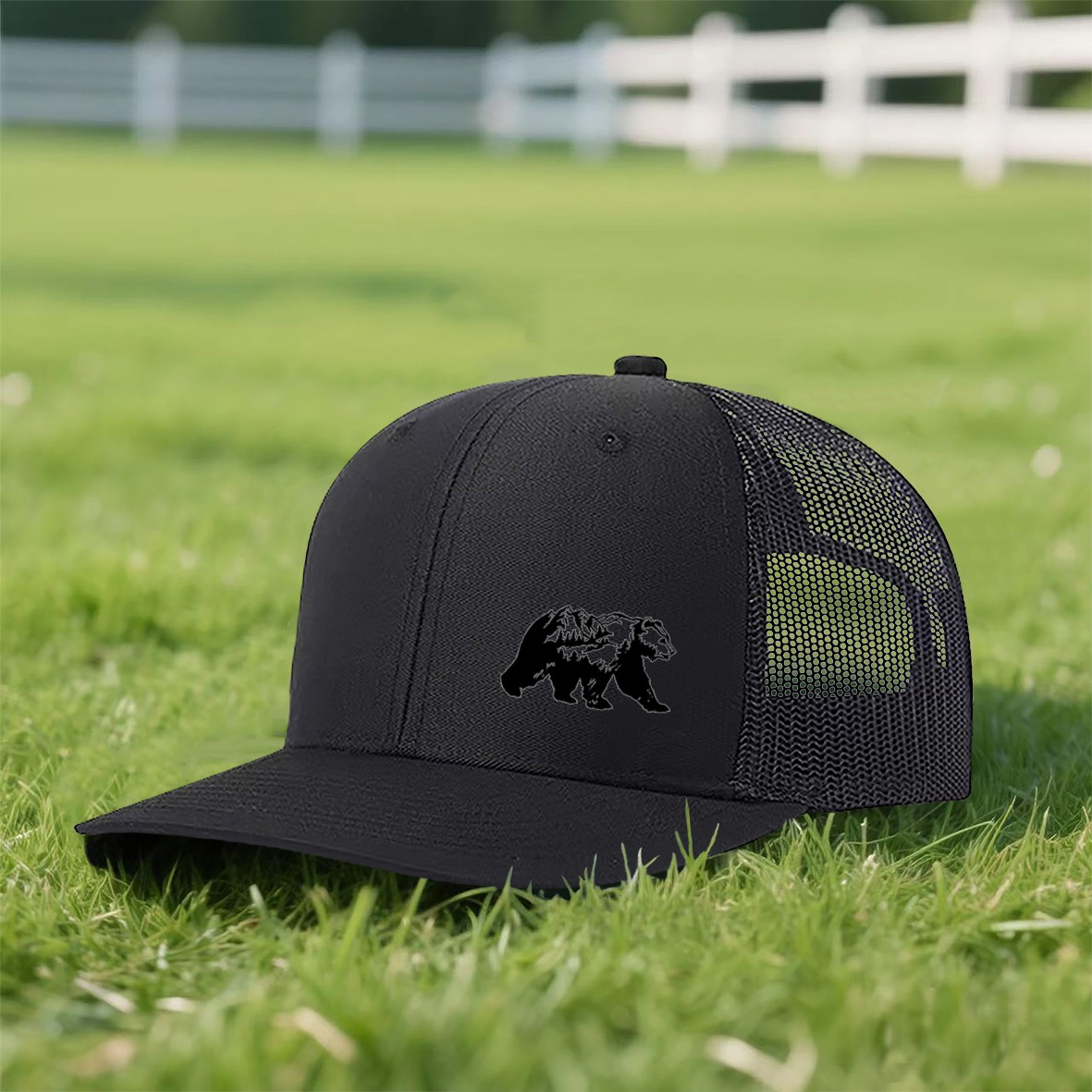 TEMU One-piece, Bear And Mountain Print Trucker Adjustable High-quality Breathable Baseball Cap, Fashionable Unisex Mesh Hat, Print Cap. Trucker Hat