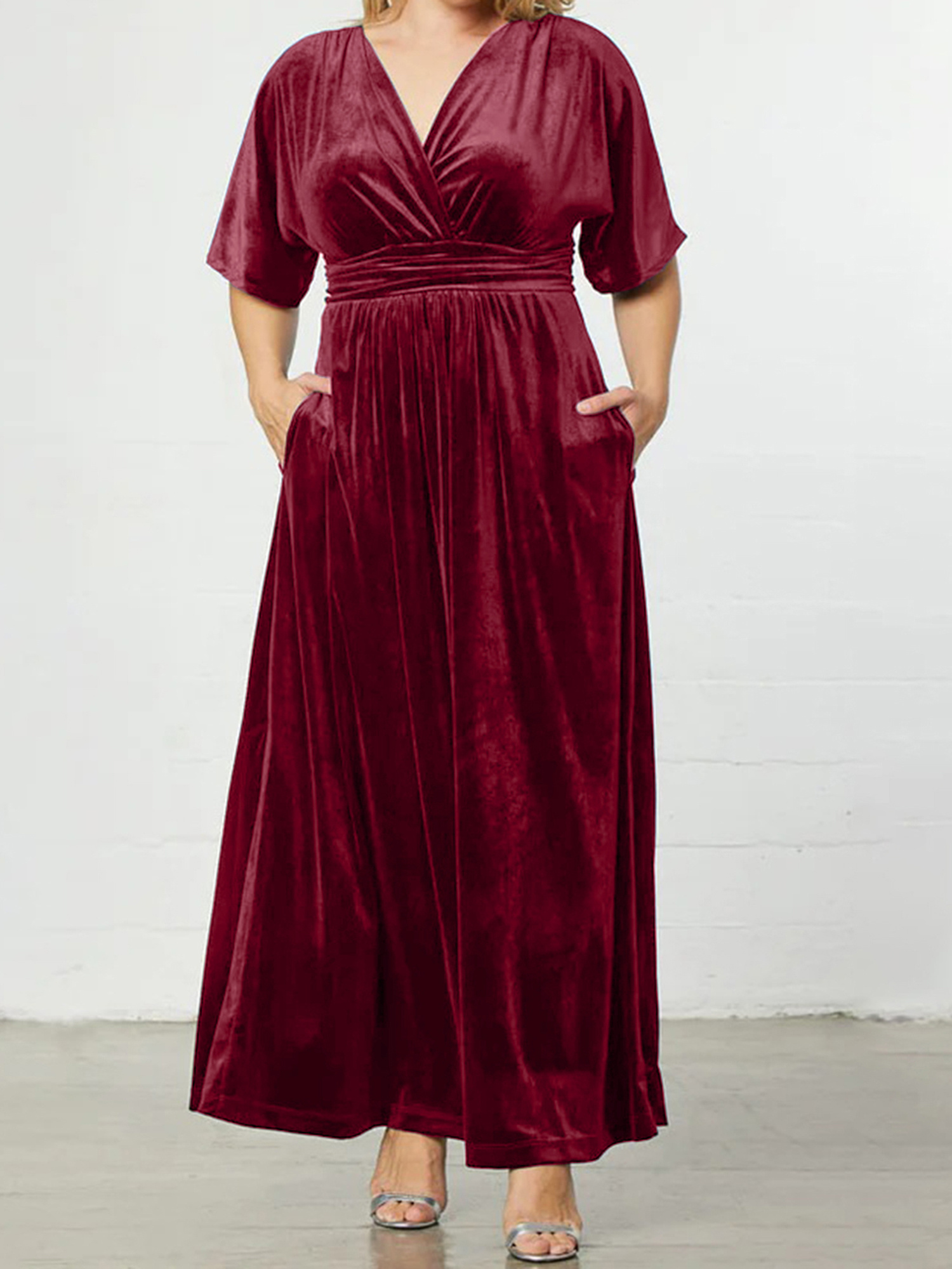 women's velvet evening dresses Black Velvet Wrap V Neckline Dress Flutter Sleeves main image 1