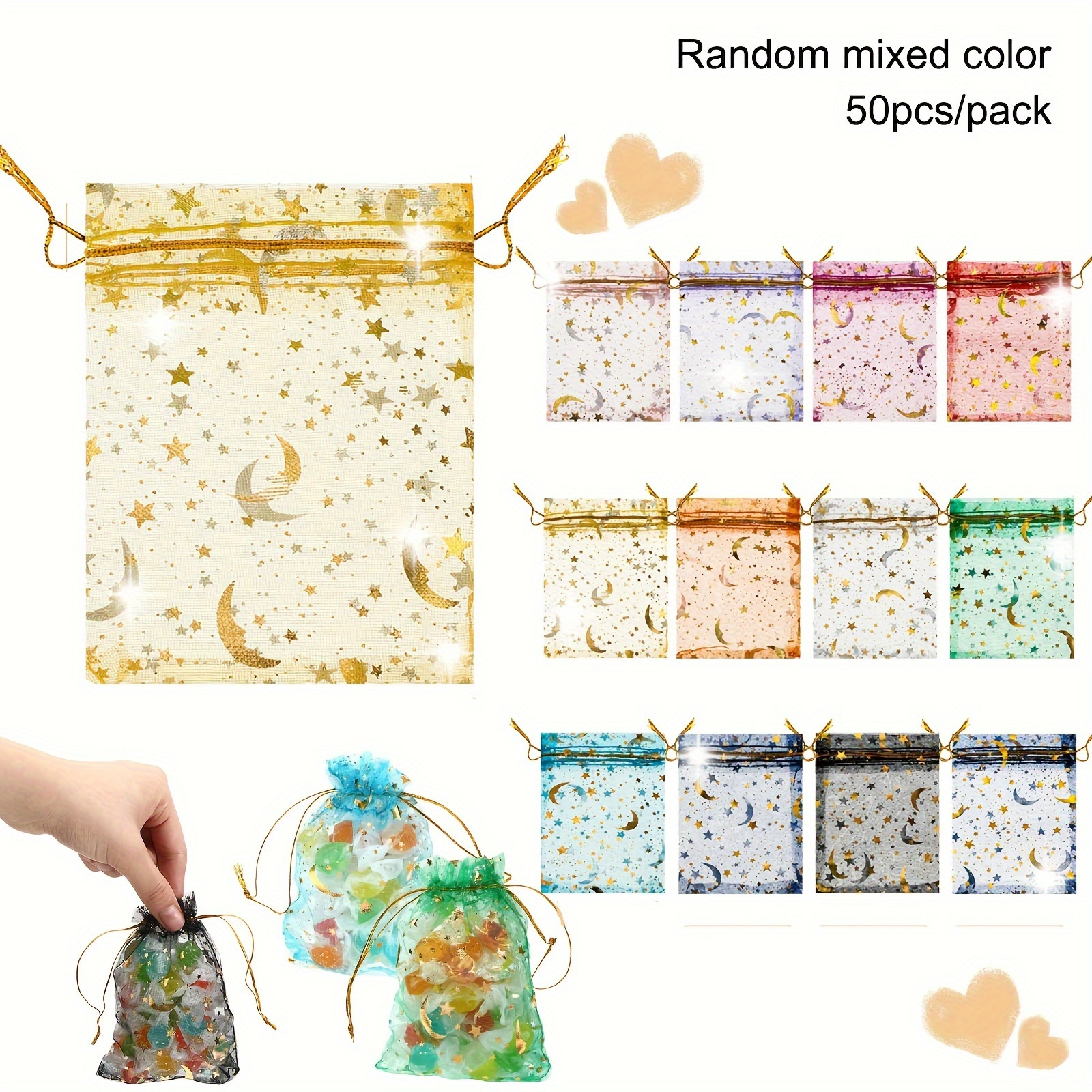 TEMU Gift For Her/him Random Color 50pcs Of Moon Star Sheer Jewelry Brushed Mesh Bags, Colors, Fashionable Wedding Party Candy Packaging Gift Bags,
