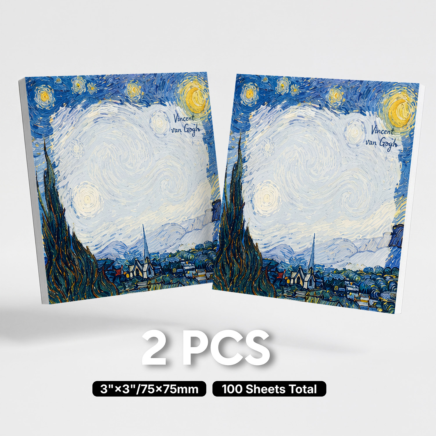 TEMU 2pcs 100 Sheets Total Van Gogh Inspired Starry Sky Sticky Notes, Vintage Oil Painting Landscape Memo Pads, Artistic Self-adhesive Reminder Notes
