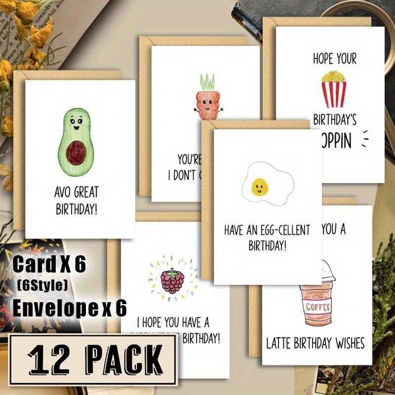 

12-pack Whimsyworks Funny Food Birthday Cards With Envelopes, Puns Galore, Watercolor Design, Paper Material, Style, No Power Needed, Bulk Set For