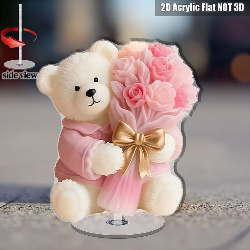 TEMU Estilo 2D, 1 pieza de Oso de Peluche Giratorio Sosteniendo una - Adorno Acrílico Giratorio, Adecuado para Estantería, Escritorio, Boda y