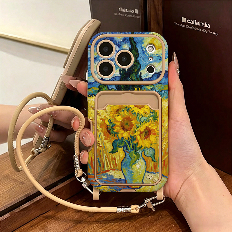 TEMU Phone Case: 1 Card Holder Phone Case With Lanyard, -like Finish, Diy Luxury Goods, Van Gogh Style Wheat Field Starry Sky Sunflower Oil Painting