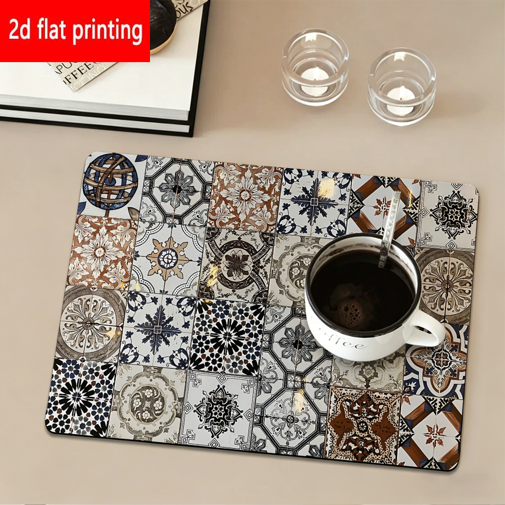 TEMU 2d Flat Printing, 1pc, Tile-pattern Printed Dish Drying Mat/absorbent Placemat, Non-slip Rubber Base, Printed With Multiple Intricate Floral