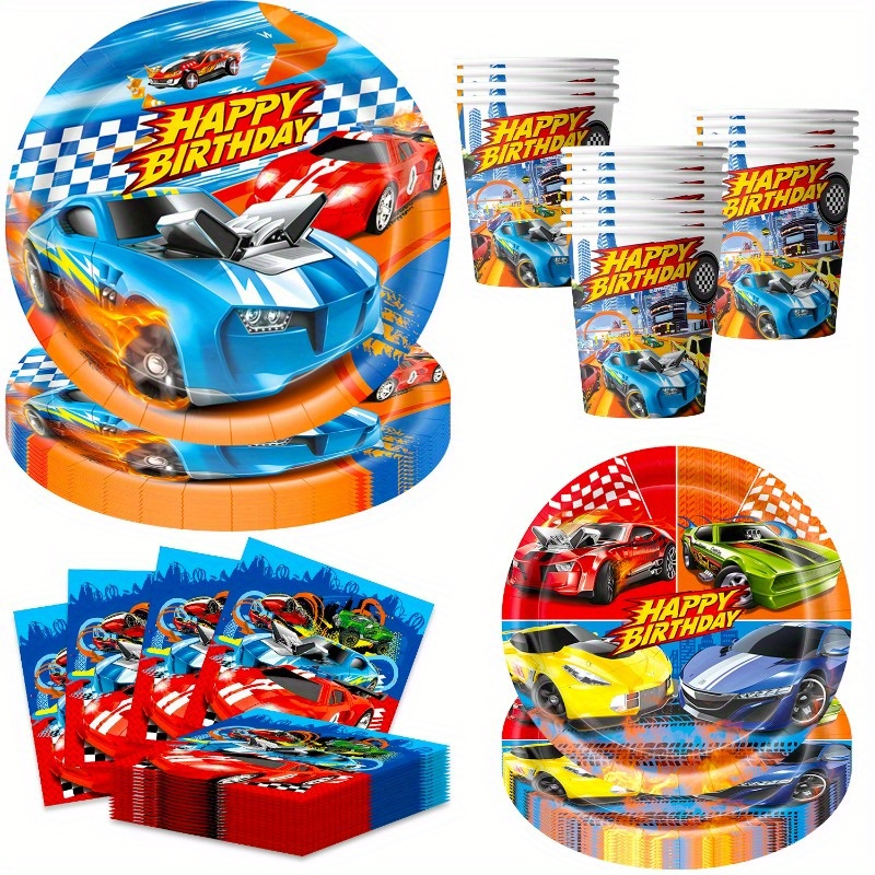 Image of 60pcs Hot Birthday Decorations Set For 20 Guests Racing Car Theme Party Supplies Set Disposable Paper Plates, Napkins And Cups I Perfect For Halloween