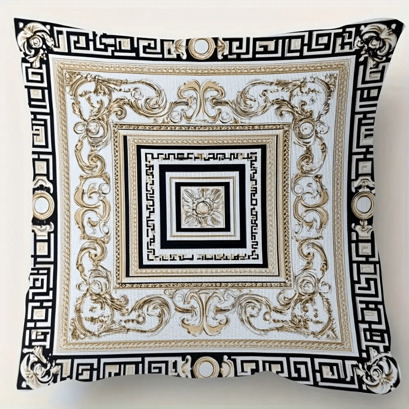 TEMU 1pc Flat Print Double-sided Elegant Baroque Greek Key Pattern Pillow Print Short Plush Decorative Cushion With Zipper Closure Traditional Style
