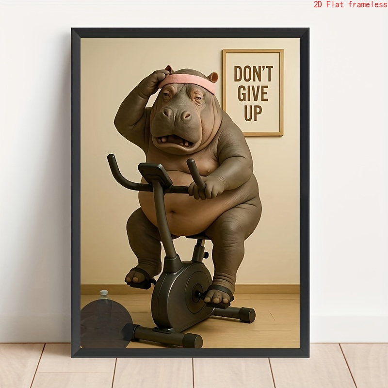TEMU Poster 2D piatto, 2D piatto, un poster umoristico con un ippopotamo grasso in bicicletta, che promuove la motivazione con la 'Non arrenderti'.