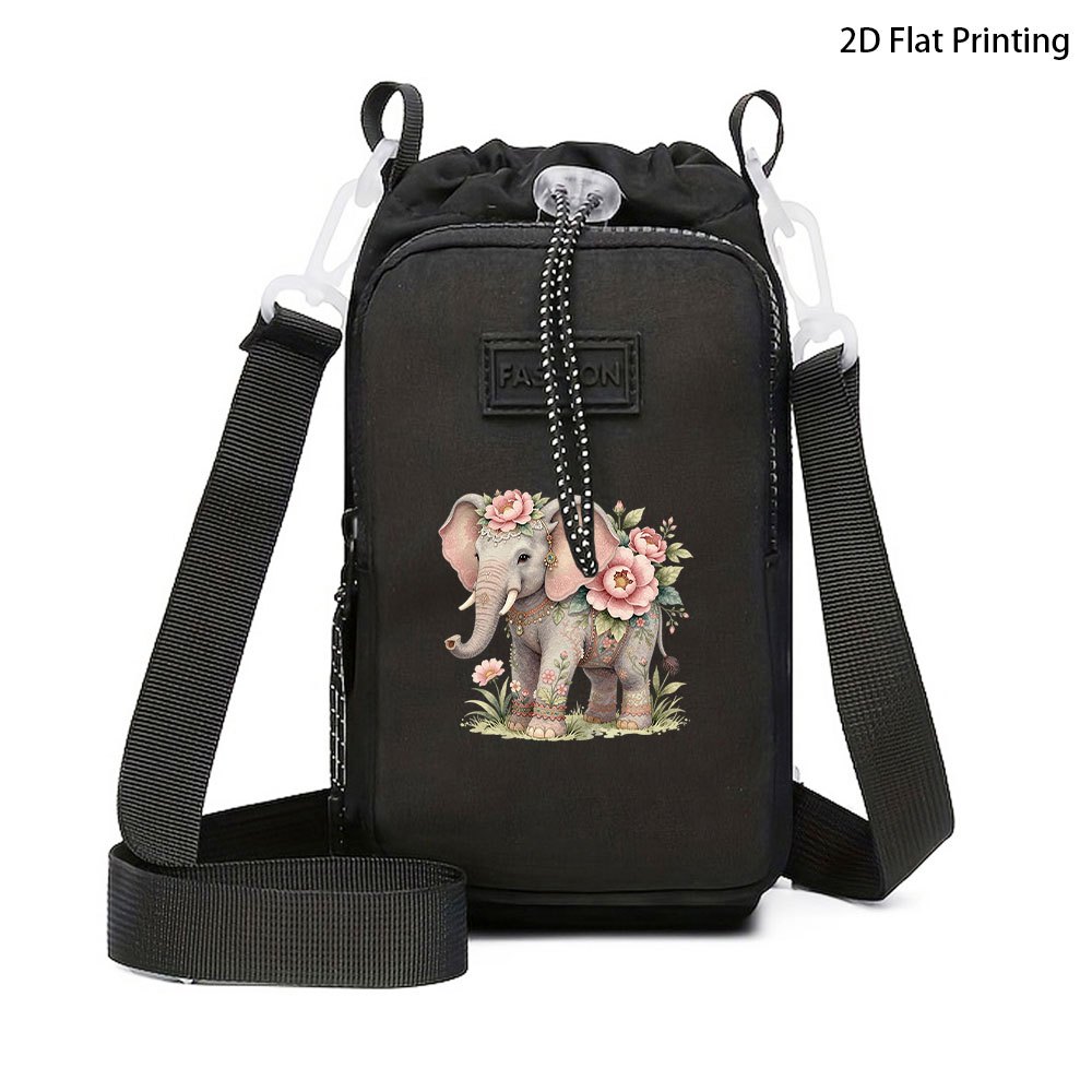 TEMU 1pc Floral Elephant Print / Pink / Gray / Black / Blue / Khaki Portable Drawstring Multi-compartment Water Bottle Sling Bag For Outdoor Travel,