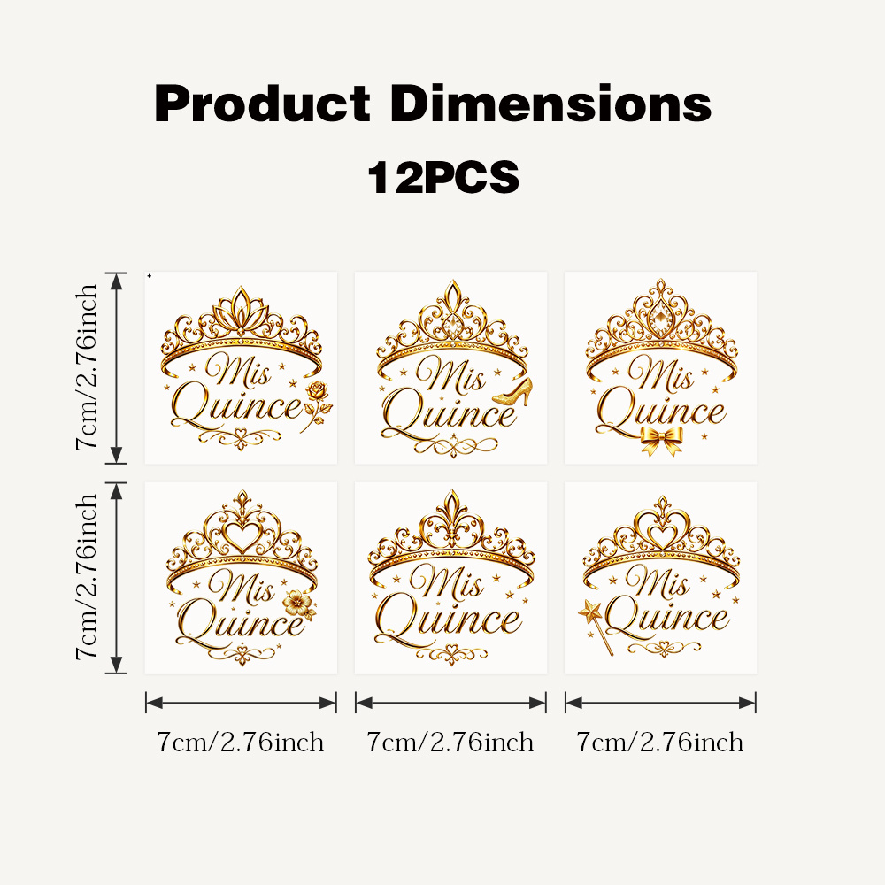 TEMU Set de 12 pegatinas de transferencia UV DTF para de Quinceaños, con elegantes diseños de emblemas de corona, detalles florales decorativos, y