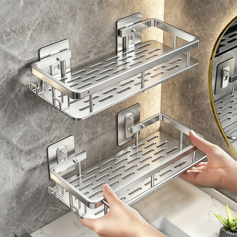 TEMU 2pcs Total, Thickened Aluminum Alloy Bathroom Shelf, Punch-free Wall-mounted Storage Rack, Toilet Toiletry Organizer, Waterproof & Rustproof