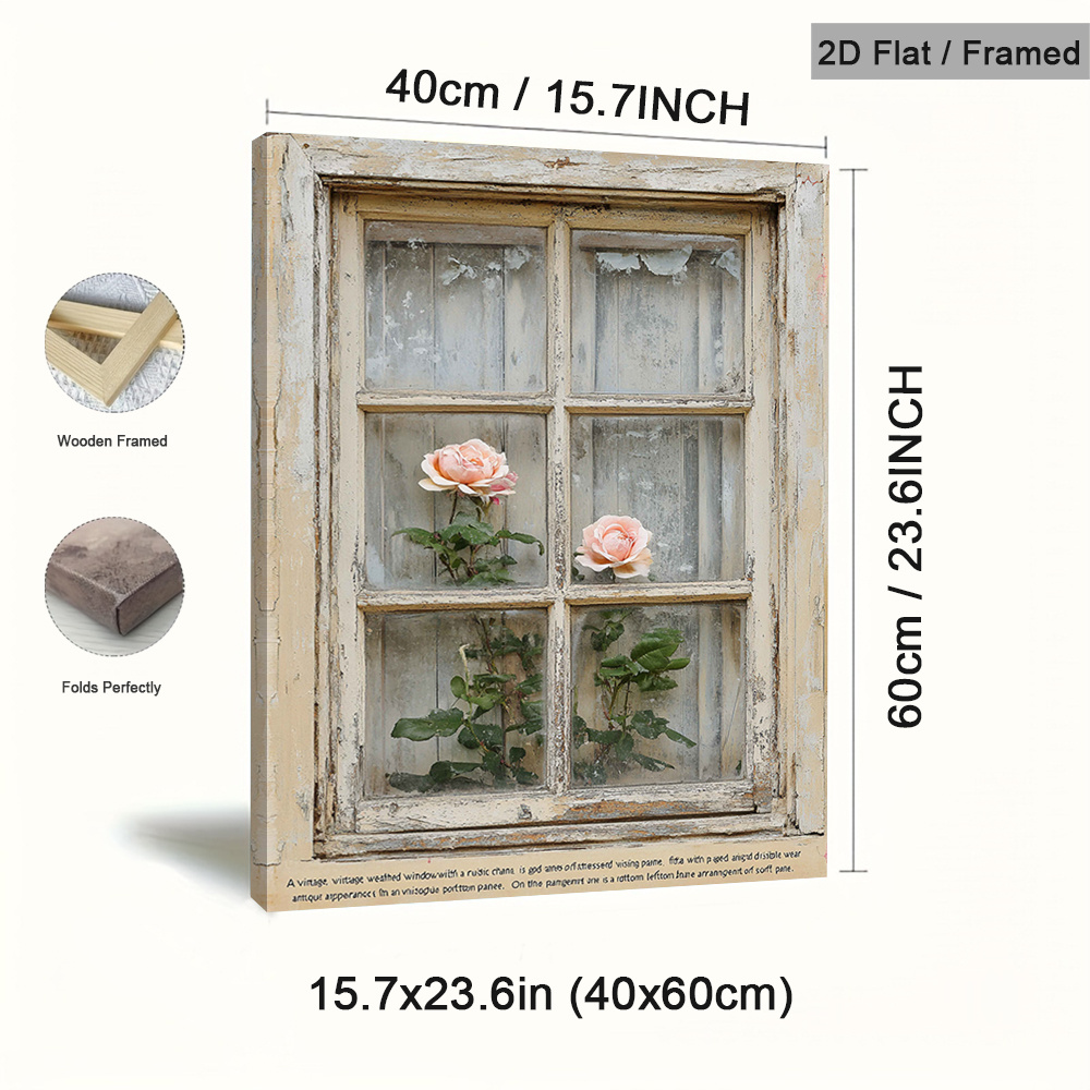 TEMU 2d Flat, 1pc Framed Vintage Window Canvas Paintings, Rustic Charm Art Prints, Vintage Design Wall Arts, Vintage Wall Decor Poster, Fashion